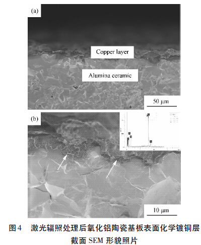 图4 激光辐照处理后氧化铝陶瓷基板表面化学镀铜层截面SEM 形貌照片