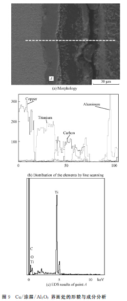 图９　Ｃｕ／涂层／Ａｌ２Ｏ３ 界面处的形貌与成分分析