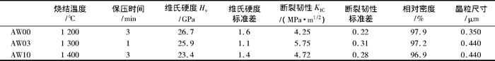 表2 SPS法制备的AW00、AW03和AW10陶瓷的常温力学性能和显微结构特征